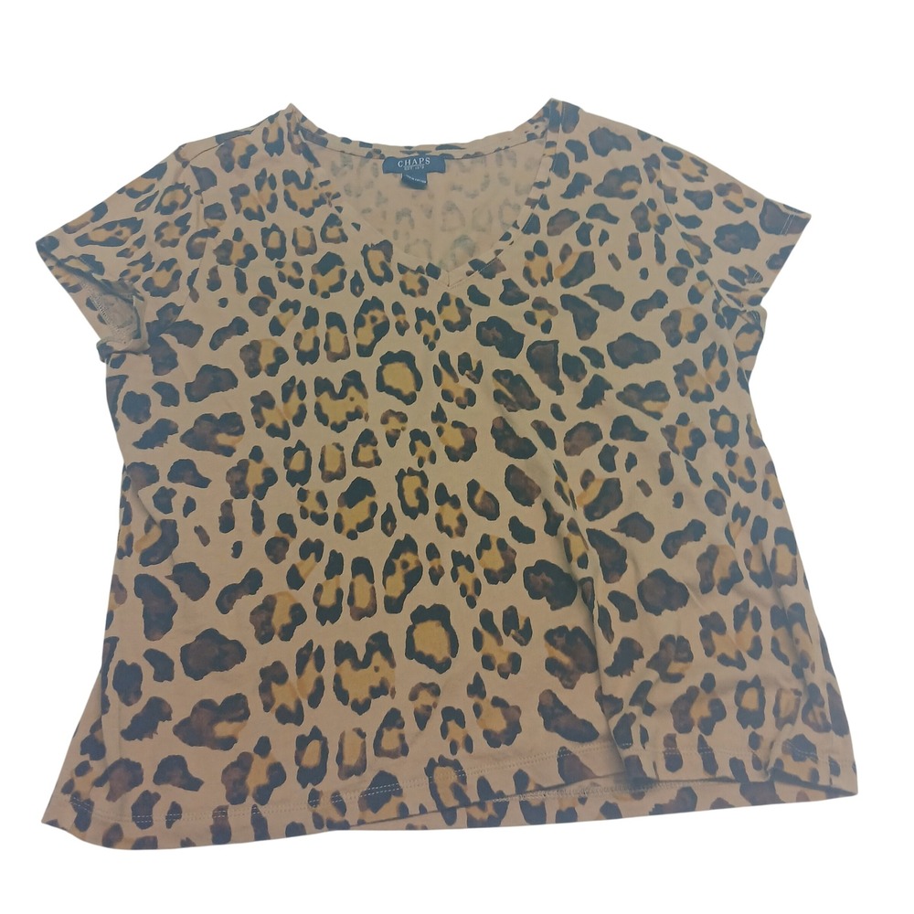 CHAPS Leopard Print V Neck‎ Short Sleeve T Shirt Top Women's Size L